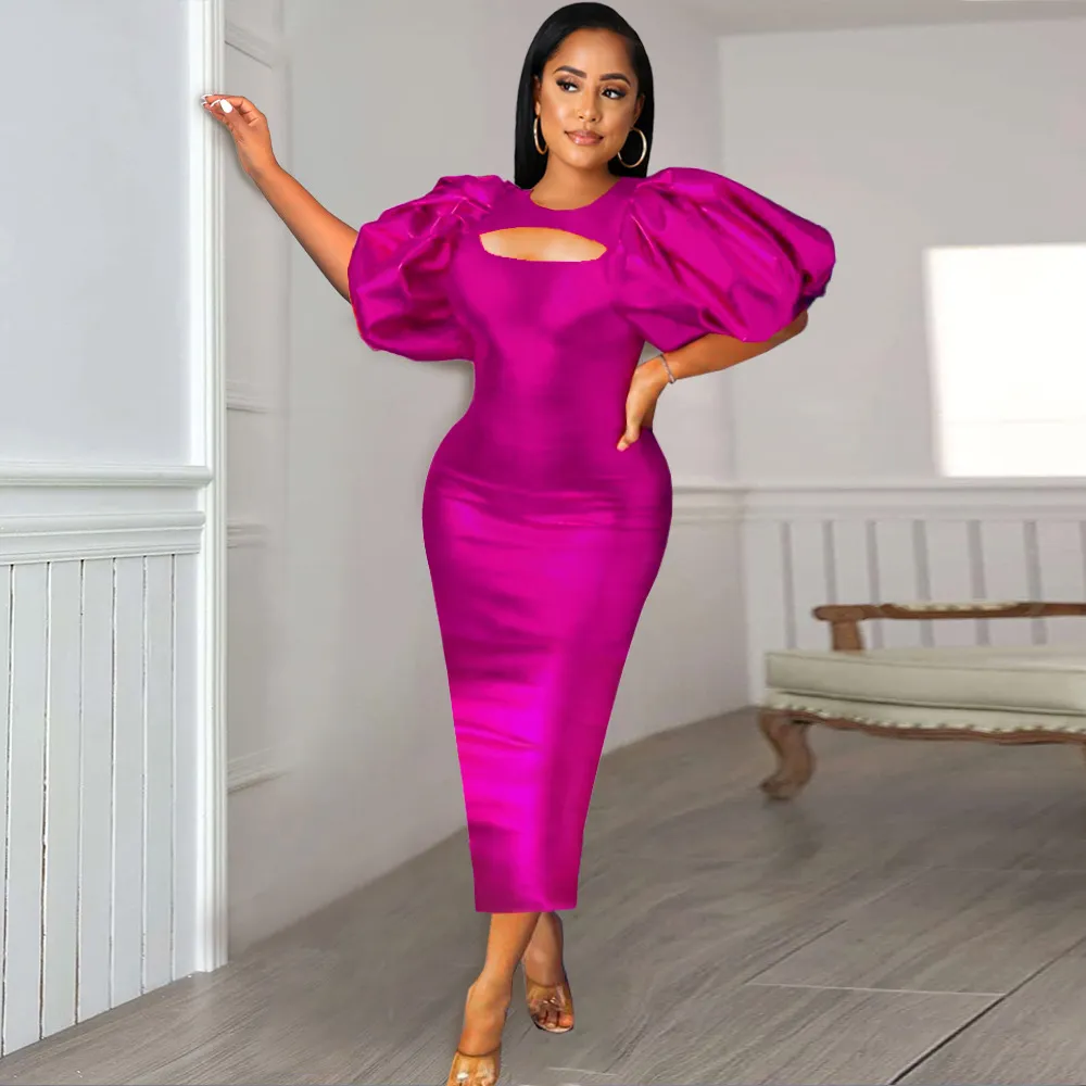 Women Fashion Solid Color Round Neck Hollow Puff Sleeve Party Dress