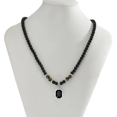 Men's Fashion Casual Beaded Necklace with Geometric Acrylic Pendant