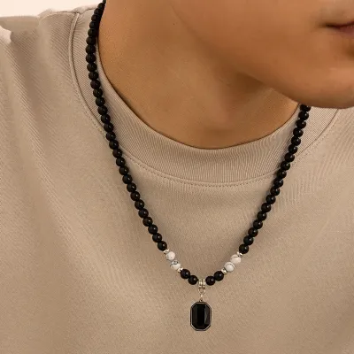 Men's Fashion Casual Beaded Necklace with Geometric Acrylic Pendant