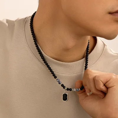 Men's Fashion Casual Beaded Necklace with Geometric Acrylic Pendant