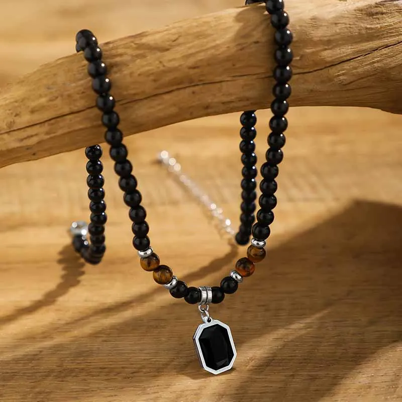 Men's Fashion Casual Beaded Necklace with Geometric Acrylic Pendant