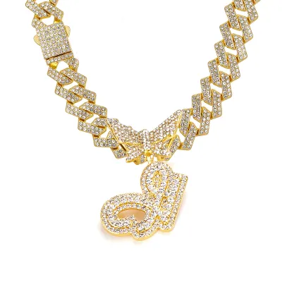 Men Fashion Casual Alphabet Butterfly Rhinestone Hip Hop Necklace