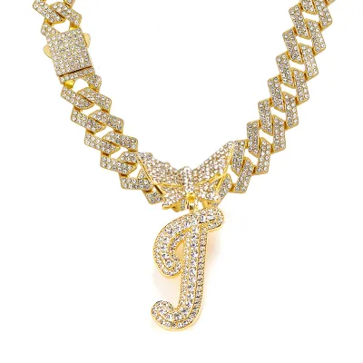 Men Fashion Casual Alphabet Butterfly Rhinestone Hip Hop Necklace