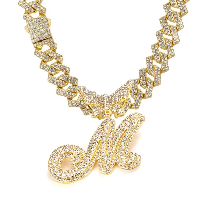 Men Fashion Casual Alphabet Butterfly Rhinestone Hip Hop Necklace