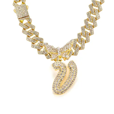 Men Fashion Casual Alphabet Butterfly Rhinestone Hip Hop Necklace
