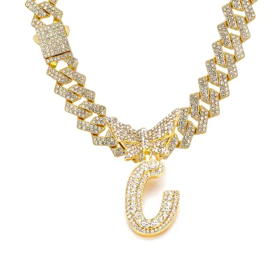 Men Fashion Casual Alphabet Butterfly Rhinestone Hip Hop Necklace