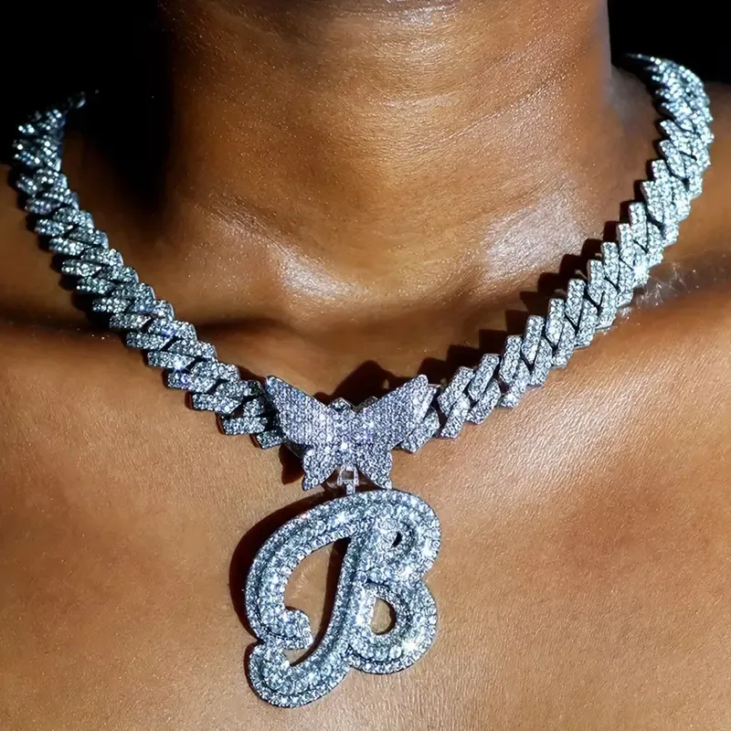 Men Fashion Casual Alphabet Butterfly Rhinestone Hip Hop Necklace