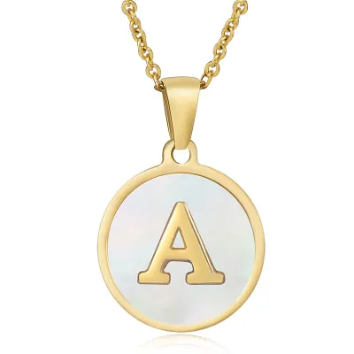 Women Simple Round Multicolor Shell 26 English Alphabet Pendant Titanium Steel Necklace
