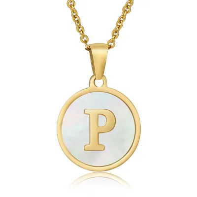 Women Simple Round Multicolor Shell 26 English Alphabet Pendant Titanium Steel Necklace
