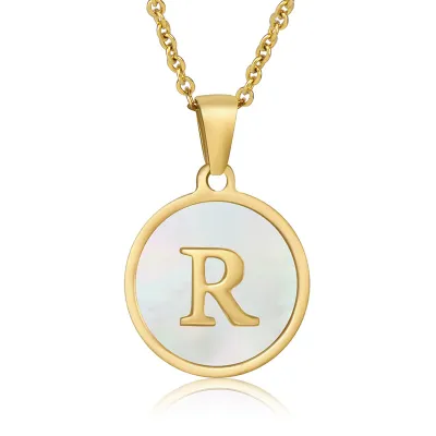 Women Simple Round Multicolor Shell 26 English Alphabet Pendant Titanium Steel Necklace