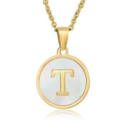 Women Simple Round Multicolor Shell 26 English Alphabet Pendant Titanium Steel Necklace