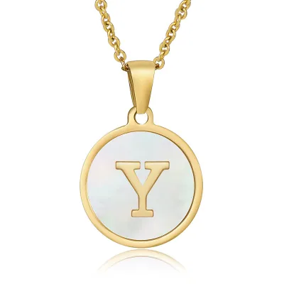 Women Simple Round Multicolor Shell 26 English Alphabet Pendant Titanium Steel Necklace