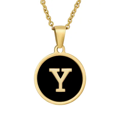 Women Simple Round Multicolor Shell 26 English Alphabet Pendant Titanium Steel Necklace