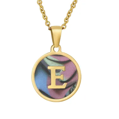 Women Simple Round Multicolor Shell 26 English Alphabet Pendant Titanium Steel Necklace