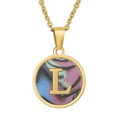 Women Simple Round Multicolor Shell 26 English Alphabet Pendant Titanium Steel Necklace