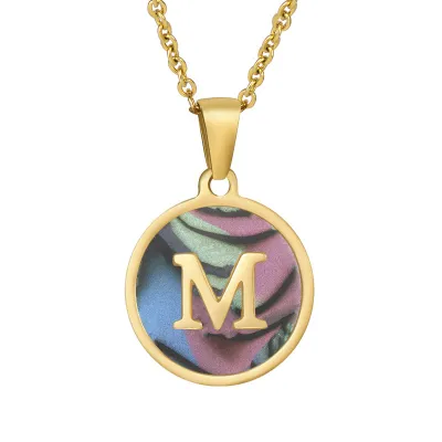 Women Simple Round Multicolor Shell 26 English Alphabet Pendant Titanium Steel Necklace