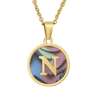 Women Simple Round Multicolor Shell 26 English Alphabet Pendant Titanium Steel Necklace