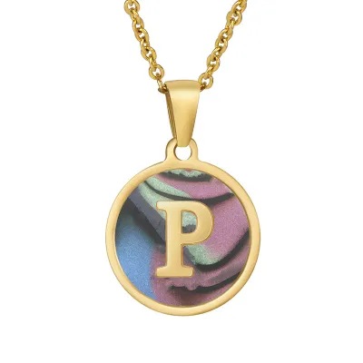 Women Simple Round Multicolor Shell 26 English Alphabet Pendant Titanium Steel Necklace
