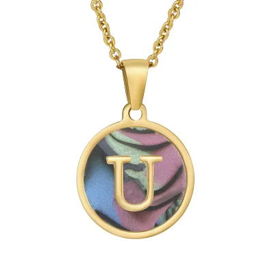 Women Simple Round Multicolor Shell 26 English Alphabet Pendant Titanium Steel Necklace
