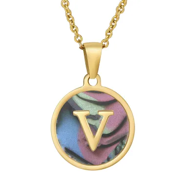 Women Simple Round Multicolor Shell 26 English Alphabet Pendant Titanium Steel Necklace