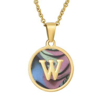 Women Simple Round Multicolor Shell 26 English Alphabet Pendant Titanium Steel Necklace