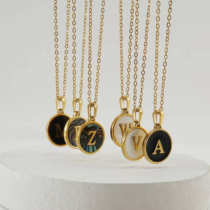 Women Simple Round Multicolor Shell 26 English Alphabet Pendant Titanium Steel Necklace
