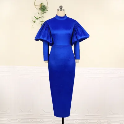 Women Fashion Solid Color Puff Sleeve Tight Party Dress