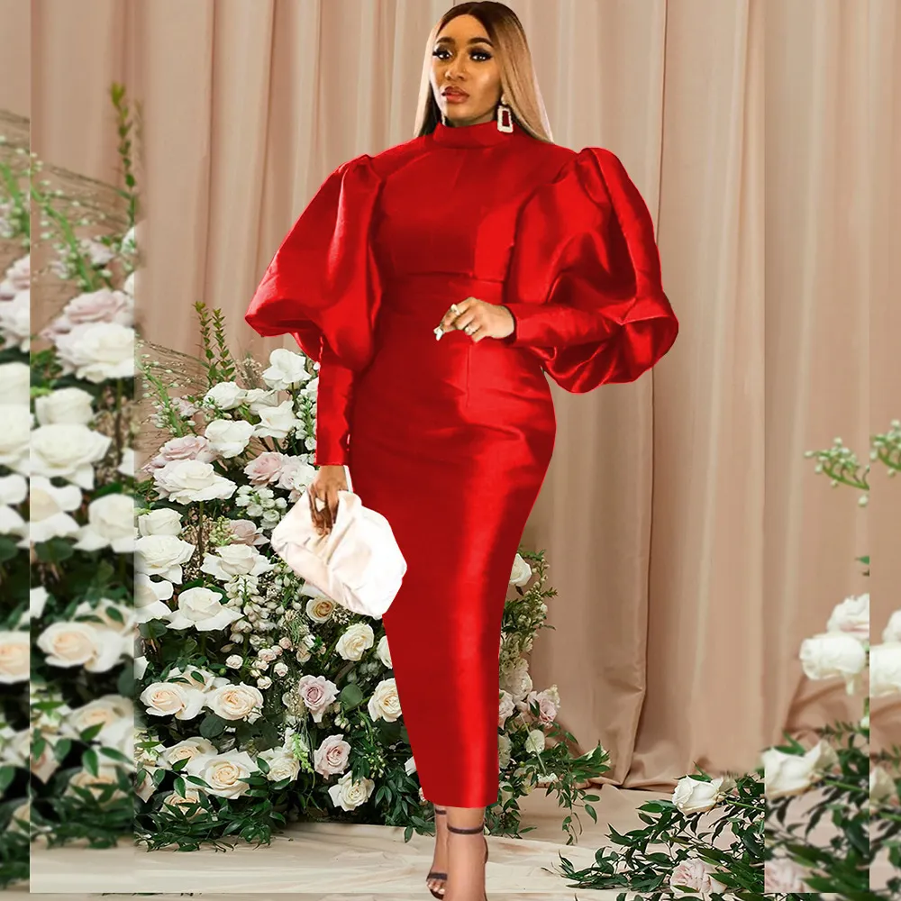 Women Fashion Solid Color Puff Sleeve Tight Party Dress