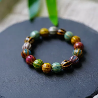 Women Vintage Ethnic Ceramic Flower Glaze Gradient Multicolor Beaded Bracelet