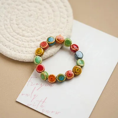 Women Vintage Ethnic Ceramic Flower Glaze Gradient Multicolor Beaded Bracelet