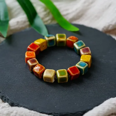 Women Vintage Ethnic Ceramic Flower Glaze Gradient Multicolor Beaded Bracelet
