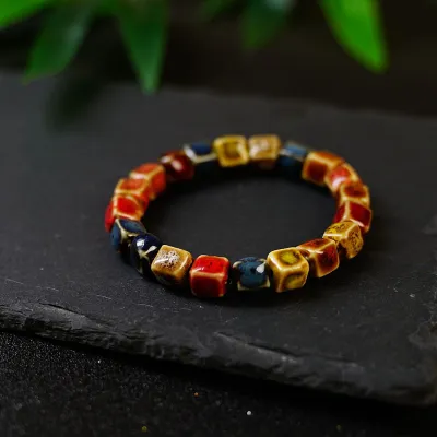 Women Vintage Ethnic Ceramic Flower Glaze Gradient Multicolor Beaded Bracelet