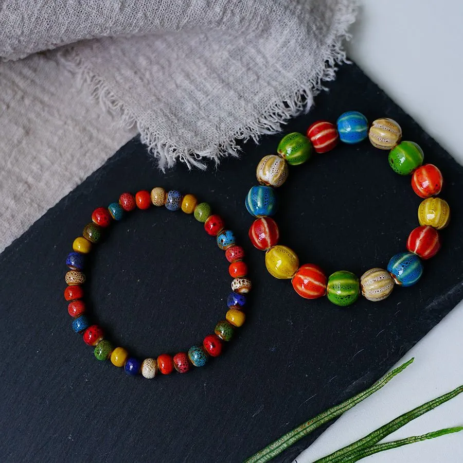 Women Vintage Ethnic Ceramic Flower Glaze Gradient Multicolor Beaded Bracelet