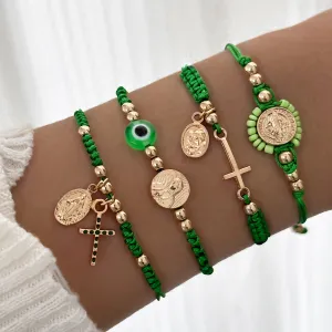 Women Fashion Boho Vintage Portrait Diamond Cross Beaded Bracelet Set