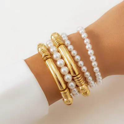 Women Simple Retro Chain Beaded Multi-Layer Bracelet Set