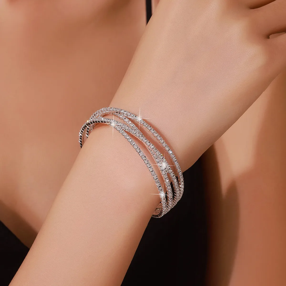 Women Fashion Rhinestone Stretch Bracelet Original Design Copper