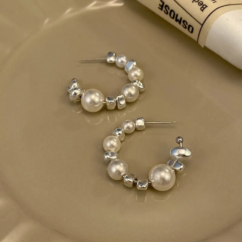 Women Fashion Simple Pearl Semicircle Big Drop Earrings Alloy