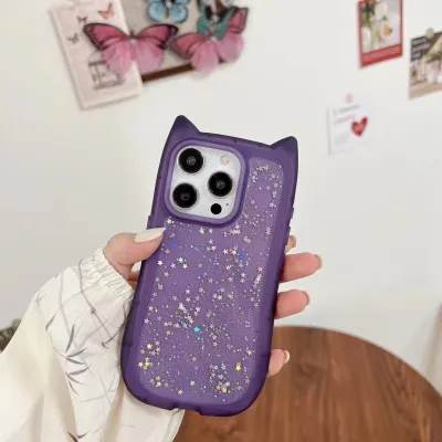 Women Fashion Cartoon Cat Ear Dropping Glue Transparent Silicone Apple Phone Protective Case