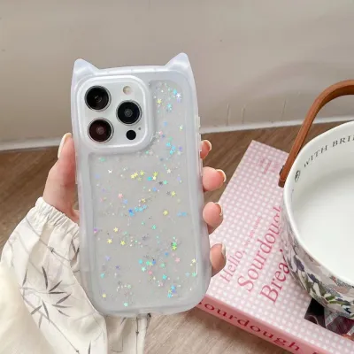 Women Fashion Cartoon Cat Ear Dropping Glue Transparent Silicone Apple Phone Protective Case