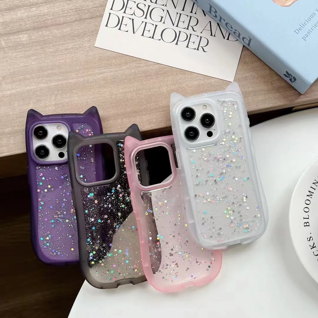 Women Fashion Cartoon Cat Ear Dropping Glue Transparent Silicone Apple Phone Protective Case