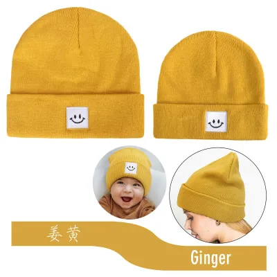Autumn Winter Simple Solid Color Smiley Label Warm Knitted Parent-Child Wool Hat Set