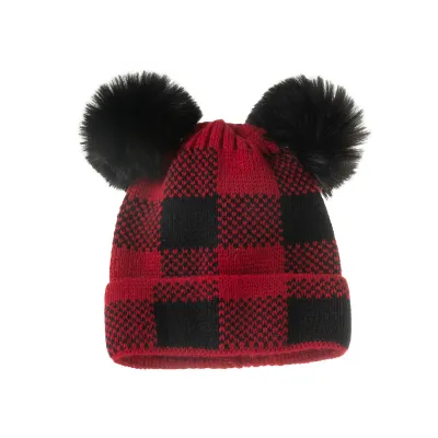Autumn Winter Simple Fashion Plaid Wool Ball Warm Knit Parent-Child Hat