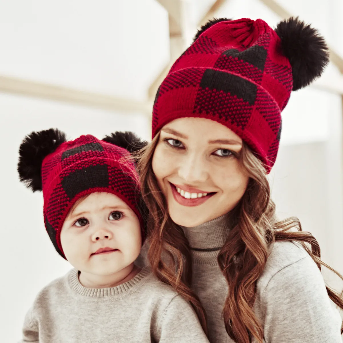 Autumn Winter Simple Fashion Plaid Wool Ball Warm Knit Parent-Child Hat