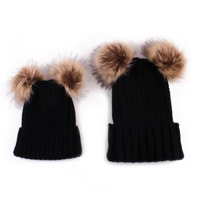 Autumn Winter Fashion Simple Warm Plush Ball Knitted Parent-Child Beanie Hat Set
