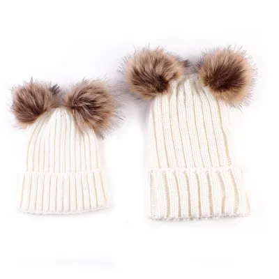 Autumn Winter Fashion Simple Warm Plush Ball Knitted Parent-Child Beanie Hat Set