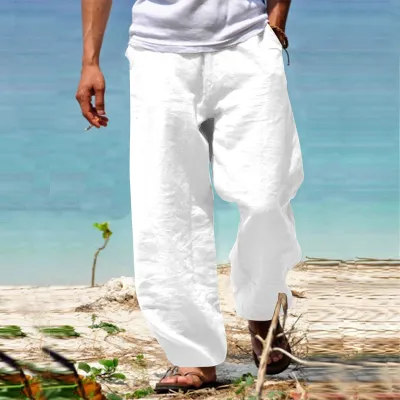 Men Fashion Casual Solid Color Plus Size Wide Leg Linen Pants