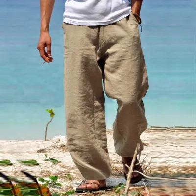 Men Fashion Casual Solid Color Plus Size Wide Leg Linen Pants