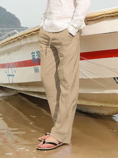 Men Casual Solid Color Plus Size Wide Leg Trousers with Multi-Pockets