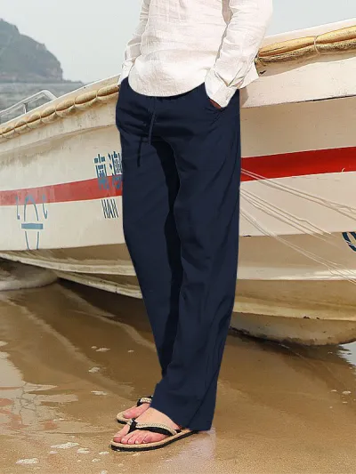 Men Casual Solid Color Plus Size Wide Leg Trousers with Multi-Pockets