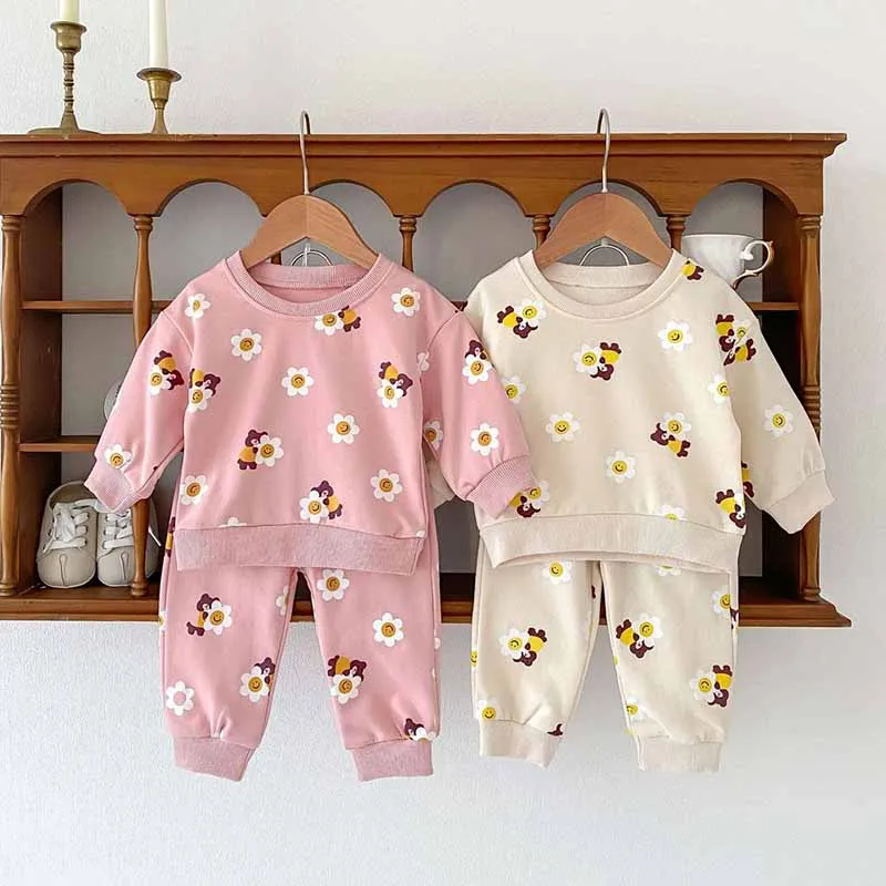 Kids Baby Boys Girls Cute Cartoon Bear Flower Print Long Sleeve Cotton Sweatshirt Pants Set 2-Piece